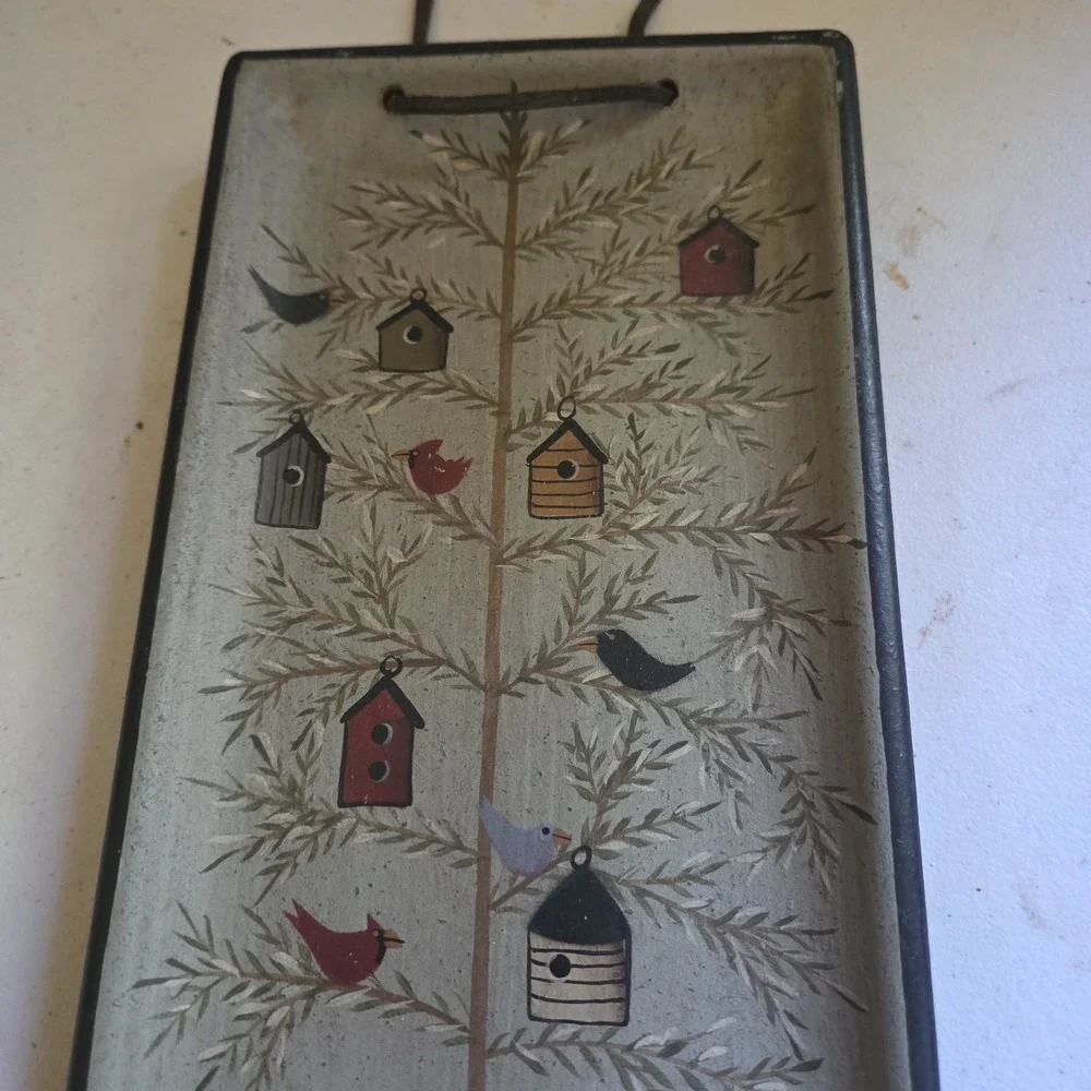 Donna White Birdhouse Birds Hand Painted Wall Hanging Wooden Tray Folk Art Tree